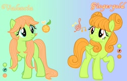 Size: 1746x1121 | Tagged: safe, artist:sir-psych0-s3xy, imported from derpibooru, oc, oc only, oc:gingergold, oc:valencia orange, pegasus, pony, base used, cutie mark, duo, female, gradient background, mare, offspring, parent:big macintosh, parent:fluttershy, parents:fluttermac, reference sheet, siblings, sisters
