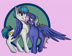 Size: 4096x3175 | Tagged: safe, artist:mscolorsplash, imported from derpibooru, oc, oc:lishka, oc:solar gizmo, pegasus, pony, unicorn, couple, cute, female, happy, hug, male, mare, nuzzling, smiling, spread wings, stallion, winghug, wings