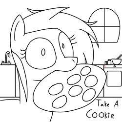 Size: 1000x1000 | Tagged: artist needed, source needed, safe, oc, oc only, earth pony, pony, baking, black and white, cookie, dialogue, female, food, grayscale, kitchen, looking at you, mare, monochrome, mouth hold, sketch, solo