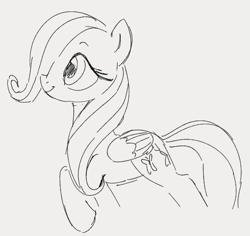 Size: 545x515 | Tagged: safe, artist:dotkwa, edit, fluttershy, pegasus, pony, black and white, female, grayscale, mare, monochrome, raised hoof, sketch, smiling, solo, wings