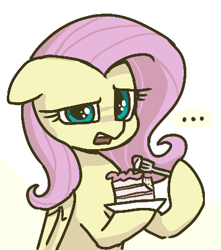 Size: 357x404 | Tagged: safe, artist:plunger, fluttershy, pegasus, pony, ..., cake, confused, drawthread, female, food, fork, hoof hold, looking at you, mare, open mouth, raised eyebrow, simple background, solo, white background, wings