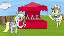 Size: 1280x720 | Tagged: source needed, safe, artist:anonymous, derpy hooves, flim, pegasus, pony, unicorn, barrel, bottle toss, bowtie, clothes, cloud, concerned, doll, drawthread, fair, female, horn, male, mare, shirt, stallion, tent, toy, wings