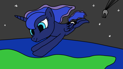 Size: 1280x720 | Tagged: source needed, safe, artist:anonymous, princess luna, alicorn, pony, drawthread, earth, felix baumgartner, female, horn, mare, skydiving, smiling, solo, space, space capsule, stars, wings