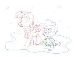 Size: 4000x3000 | Tagged: source needed, safe, artist:anonymous, spike, twilight sparkle, alicorn, dragon, pony, clothes, coat, drawthread, duo, female, ice, male, mare, scarf, sketch, smiling, snow, snowfall, speech bubble, sweater, twilight sparkle (alicorn), winter, wip