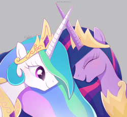 Size: 1024x944 | Tagged: safe, artist:nnaly, imported from derpibooru, princess celestia, twilight sparkle, alicorn, pony, the last problem, blushing, crown, duo, eyes closed, female, gray background, jewelry, laughing, mare, peytral, princess twilight 2.0, regalia, signature, simple background, smiling, starry eyes, twilight sparkle (alicorn), wingding eyes