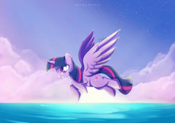 Size: 1024x720 | Tagged: safe, artist:nnaly, imported from derpibooru, twilight sparkle, alicorn, pony, cloud, female, flying, mare, ocean, signature, sky, smiling, solo, sun, twilight sparkle (alicorn)