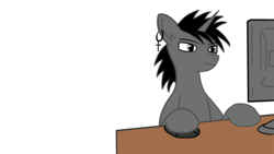 Size: 1280x720 | Tagged: safe, artist:ruchiyoto, imported from derpibooru, oc, oc:black cross, pony, unicorn, computer, crucifix, desk, ear piercing, earring, edgy, jewelry, male, not impressed, piercing, simple background, solo, stallion, white background