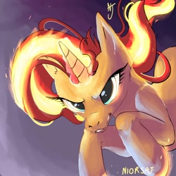 Size: 2000x2000 | Tagged: safe, artist:niorsaj, imported from derpibooru, sunset shimmer, pony, unicorn, angry, female, fiery shimmer, fire, mane of fire, mare, scary, serious, serious face, signature, solo, this will end in pain