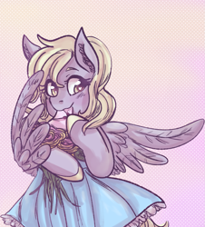 Size: 1077x1189 | Tagged: safe, artist:mimiporcellini, imported from derpibooru, derpy hooves, pegasus, pony, blushing, clothes, dress, looking at you, smiling, smiling at you, spread wings, wings