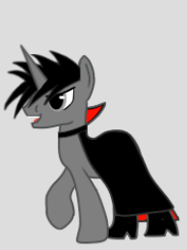 Size: 194x259 | Tagged: safe, artist:ruchiyoto, imported from derpibooru, oc, oc:black cross, pony, unicorn, boots, cape, clothes, costume, edgy, fangs, male, shoes, simple background, solo, stallion