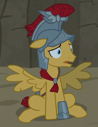 Size: 410x530 | Tagged: safe, imported from derpibooru, screencap, flash magnus, pegasus, pony, campfire tales, armor, cropped, helmet, male, royal legion, sitting, solo, stallion, wings