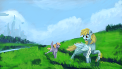 Size: 4550x2560 | Tagged: safe, artist:terrafomer, imported from derpibooru, crackle pop, derpy hooves, pegasus, pony, absurd resolution, bandage, city, cityscape, cloud, derp, duo, female, field, filly, mare, signature, sky, stroll