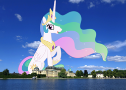 Size: 2503x1797 | Tagged: safe, artist:90sigma, edit, editor:jaredking203, imported from derpibooru, vector edit, princess celestia, alicorn, pony, castle, crown, female, giant pony, highrise ponies, irl, jewelry, macro, mare, photo, ponies in real life, regalia, story included, vector