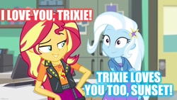 Size: 1280x720 | Tagged: safe, edit, edited screencap, imported from derpibooru, screencap, sunset shimmer, trixie, equestria girls, equestria girls series, forgotten friendship, female, lesbian, shipping, suntrix, text