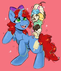 Size: 1188x1390 | Tagged: safe, artist:belovedfoxx, imported from ponybooru, oc, oc only, oc:creamsicle delight, pony, unicorn, bow, cherry, cherry on top, female, food, horn, ice cream, ice cream cone, mare, open mouth, rearing, simple background, solo