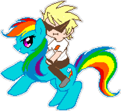 Size: 972x888 | Tagged: artist needed, safe, artist:diamondwolfq, imported from derpibooru, rainbow dash, human, pegasus, pony, crossover, dirk strider, duo, female, homestuck, humans riding ponies, looking at you, male, manepxls, mare, pixel art, pxls.space, rearing, riding, side view, simple background, smiling, sunglasses, transparent background