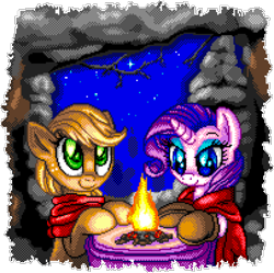 Size: 1015x1010 | Tagged: safe, artist:dasheroni, artist:whitediamonds, imported from derpibooru, applejack, rarity, earth pony, pony, unicorn, campfire, clothes, cute, duo, female, fire, freckles, hatless, jackabetes, lesbian, manepxls, mare, missing accessory, pixel art, pxls.space, raribetes, rarijack, scarf, shipping, smiling
