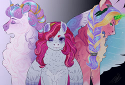 Size: 1280x871 | Tagged: safe, artist:theartfox2468, imported from derpibooru, princess flurry heart, oc, oc:aphrodite, oc:victoria, alicorn, pegasus, pony, unicorn, chest fluff, ethereal wings, female, fluffy, horn, horn ring, jewelry, looking at you, mare, offspring, older, older flurry heart, one eye closed, parent:princess cadance, parent:shining armor, parents:shiningcadance, ring, siblings, sisters, spread wings, tongue out, wings, wink