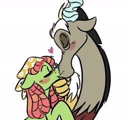 Size: 2048x1985 | Tagged: safe, artist:chaotic_hazel, artist:thechaoticboop, imported from derpibooru, discord, tree hugger, draconequus, earth pony, pony, blushing, eyes closed, female, floppy ears, heart, kissing, male, mare, shipping, simple background, straight, treecord, white background