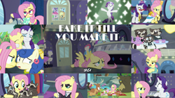 Size: 1974x1112 | Tagged: safe, edit, edited screencap, editor:quoterific, imported from derpibooru, screencap, applejack, fluttershy, pinkie pie, rainbow dash, rarity, smoky, smoky jr., softpad, twilight sparkle, alicorn, bear, dragon, earth pony, pegasus, pony, raccoon, unicorn, fake it 'til you make it, alternate hairstyle, bipedal, clothes, dress, fluttergoth, hipstershy, mane six, severeshy, shocked, twilight sparkle (alicorn)