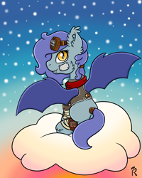 Size: 2000x2500 | Tagged: safe, artist:dawn-designs-art, imported from derpibooru, oc, oc:sandy shoals, bat pony, pony, bandage, blue mane, clothes, cloud, digital art, goggles, hair tie, jacket, looking back, looking over shoulder, pouch, scarf, sitting, solo, stars, steampunk, sunset, yellow eyes