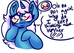 Size: 1024x742 | Tagged: safe, artist:iloveehlm, imported from derpibooru, oc, oc:fleurbelle, alicorn, semi-anthro, blushing, bow, female, hair bow, human lips, mare, pouting, shiny eyes, simple background, speech bubble, talking to oneself, touching face, wall smath, white background, wingding eyes