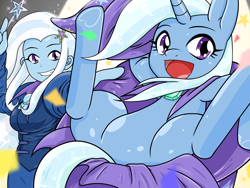 Size: 2224x1668 | Tagged: safe, artist:batipin, imported from derpibooru, trixie, pony, unicorn, equestria girls, cape, clothes, featureless crotch, hat, magic, open mouth, self ponidox, trixie's cape, trixie's hat, underhoof