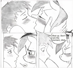 Size: 1376x1300 | Tagged: safe, artist:dj-black-n-white, imported from derpibooru, rainbow dash, human, pegasus, pony, comic:tsundere rainbow dash, blushing, cropped, human on pony action, interspecies, kissing, traditional art