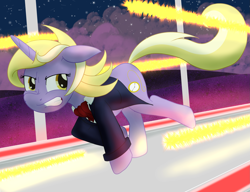 Size: 2361x1816 | Tagged: safe, artist:sixes&sevens, imported from derpibooru, dinky hooves, unicorn, ascot, clothes, corridor, female, gritted teeth, jacket, laser, older, older dinky hooves, running, solo, solo female