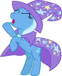 Size: 3000x3670 | Tagged: safe, artist:jeatz-axl, imported from derpibooru, trixie, pony, unicorn, bipedal, cape, clothes, eyes closed, female, hat, mare, open mouth, panic, raised hoof, simple background, solo, transparent background, trixie's cape, trixie's hat, vector