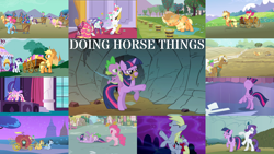 Size: 1972x1110 | Tagged: safe, edit, edited screencap, editor:quoterific, imported from derpibooru, screencap, applejack, caramel, derpy hooves, fluttershy, lucky clover, pinkie pie, princess cadance, rainbow dash, rarity, spike, twilight sparkle, alicorn, dragon, earth pony, pegasus, pony, unicorn, do princesses dream of magic sheep, the return of harmony, the ticket master, applejack's hat, cowboy hat, earth pony rarity, earth pony twilight, eyes closed, female, hat, horses doing horse things, male, mane seven, mane six, open mouth, screaming, sword, twilight sparkle (alicorn), unicorn twilight, weapon