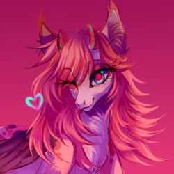 Size: 1500x1500 | Tagged: safe, artist:lumiere, imported from derpibooru, oc, oc only, pony, devil horns, floating heart, gradient background, heart, looking at you, one eye closed, sketch, solo, wink