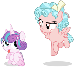 Size: 3531x3220 | Tagged: safe, artist:cirillaq, imported from derpibooru, cozy glow, princess flurry heart, alicorn, pegasus, pony, diaperless edit, duo, duo female, female, high res, simple background, tongue out, transparent background, vector