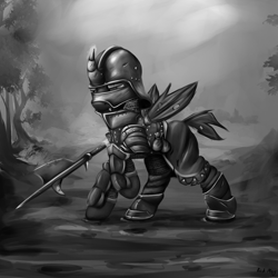 Size: 2000x2000 | Tagged: safe, artist:richmay, imported from derpibooru, oc, oc only, changeling, equestria at war mod, armor, chainmail, changeling oc, grayscale, halberd, helmet, landsknecht, male, medieval, monochrome, sallet, soldier, solo, weapon, wings