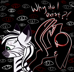 Size: 1550x1500 | Tagged: safe, artist:foxxo666, imported from derpibooru, oc, oc:palatinatus clypeus, zebra, commission, crying, depressed, depression, eye, eyes, male, scar, solo, solo male, vent art, ych result, zebra oc