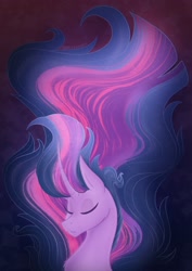 Size: 1448x2048 | Tagged: safe, artist:lunathemoongod, imported from derpibooru, twilight sparkle, alicorn, pony, ethereal mane, eyes closed, fabulous, glowing mane, long mane, older, older twilight, simple background, solo, starry mane, stars, twilight sparkle (alicorn)