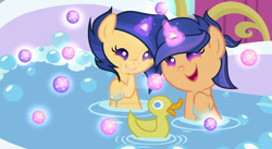 Size: 1600x878 | Tagged: safe, artist:galaxyswirlsyt, imported from derpibooru, oc, oc only, oc:galaxy swirls, oc:velvet sentry, bird, duck, pony, unicorn, baby, baby pony, bathtub, female, filly, magic, offspring, parent:flash sentry, parent:twilight sparkle, parents:flashlight, rubber duck, siblings, sisters