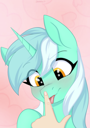 Size: 2894x4093 | Tagged: safe, artist:chickenbrony, imported from derpibooru, lyra heartstrings, pony, unicorn, blushing, boop, cute, hand, lyrabetes, solo