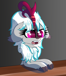 Size: 3570x4138 | Tagged: safe, artist:windy-pony, imported from derpibooru, oc, oc:windshear, kirin, angry, fangs, female, kirin oc, solo, table