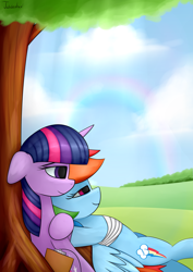 Size: 2480x3507 | Tagged: safe, artist:twidasher, imported from derpibooru, rainbow dash, twilight sparkle, pegasus, pony, unicorn, bandage, clipboard, cloud, fanfic art, female, floppy ears, lesbian, rainbow, scenery, shipping, signature, tree, twidash, unicorn twilight