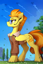 Size: 1600x2373 | Tagged: safe, artist:yakovlev-vad, imported from derpibooru, spitfire, pegasus, pony, bomber jacket, clothes, female, headpiece, high res, jacket, mare, microphone, solo, sunglasses