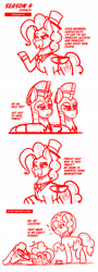 Size: 800x2223 | Tagged: safe, artist:jcosneverexisted, imported from derpibooru, pinkie pie, surprise, sparkle's seven, clothes, dialogue, facial hair, female, fishbowl, male, moustache, royal guard, season 9 doodles, simpsons did it, text, the simpsons