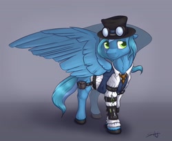 Size: 3280x2684 | Tagged: safe, artist:safizejaart, imported from derpibooru, oc, oc only, oc:thinker blue, pegasus, clothes, hat, pegasus oc, simple background, smiling, steampunk, wings