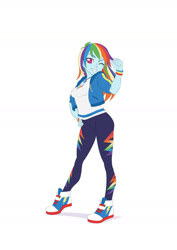 Size: 1157x1637 | Tagged: safe, artist:brother-tico, imported from derpibooru, part of a set, rainbow dash, equestria girls, breasts, clothes, geode of super speed, grin, hand on hip, jacket, leggings, magical geodes, one eye closed, shirt, smiling, solo, t-shirt, wink, wristband