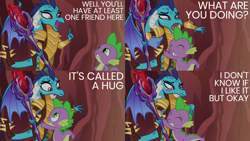 Size: 2000x1125 | Tagged: safe, edit, edited screencap, editor:quoterific, imported from derpibooru, screencap, princess ember, spike, dragon, gauntlet of fire, bloodstone scepter, blushing, cute, dragoness, duo, emberbetes, eyes closed, female, hug, male, open mouth, spikabetes, tsundember, tsundere, wavy mouth
