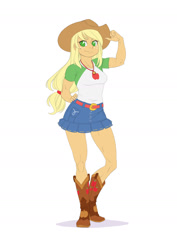 Size: 1302x1842 | Tagged: safe, artist:brother-tico, imported from derpibooru, part of a set, applejack, equestria girls, applejack's hat, applejacked, bicep, boots, breasts, clothes, cowboy boots, cowboy hat, denim skirt, female, flexing, geode of super strength, hand on hip, hat, magical geodes, muscles, muscular female, shirt, shoes, skirt, smiling, solo