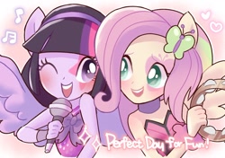 Size: 1200x845 | Tagged: safe, artist:puchiko, imported from derpibooru, fluttershy, twilight sparkle, alicorn, equestria girls, perfect day for fun, rainbow rocks, alternative cutie mark placement, bust, cute, duo, female, lyrics, microphone, music notes, musical instrument, one eye closed, open mouth, ponied up, shyabetes, singing, tambourine, text, twiabetes, twilight sparkle (alicorn), wink