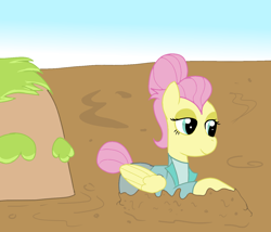 Size: 1400x1200 | Tagged: safe, artist:amateur-draw, imported from derpibooru, fluttershy, pegasus, pony, alternate hairstyle, clothes, female, mare, mud, pants, severeshy, simple background, solo, suit, wet and messy