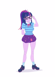 Size: 2893x4092 | Tagged: safe, artist:brother-tico, imported from derpibooru, part of a set, sci-twi, twilight sparkle, equestria girls, breasts, busty sci-twi, clothes, glasses, hand behind back, shirt, shoes, skirt, smiling, solo, striped shirt