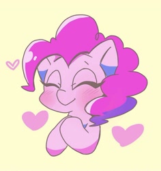 Size: 1158x1227 | Tagged: safe, artist:asg, imported from derpibooru, pinkie pie, blushing, bust, cute, diapinkes, eyes closed, heart, hooves to the chest, simple background, solo, yellow background